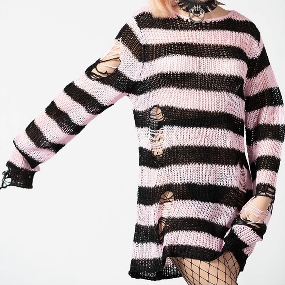 Killstar Size Large Bad Blossoms Knit Sweater Pink And Black Distressed Gothic - Picture 5 of 16